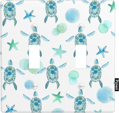 Blue Green Turtle Toggle Light Switch Covers Nautical Beach Sea Turtle Starfish Seashell Coral Coastal 2-Gang Wall Plate for Bedroom Bathroom...