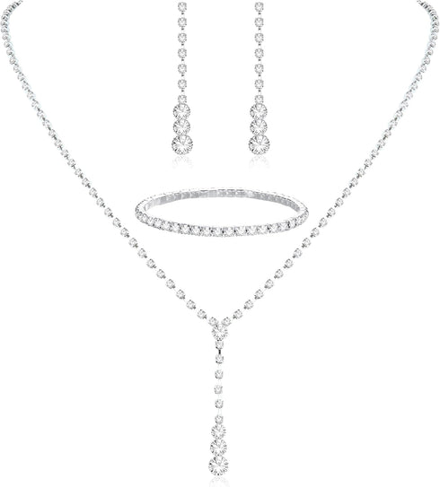 CASSIECA Silver Bridal Jewelry Set Rhinestone Necklace Bracelet Dangle Earrings for Bride Bridesmaid Teardrop Pendant Crystal Wedding Prom Jewelry...
