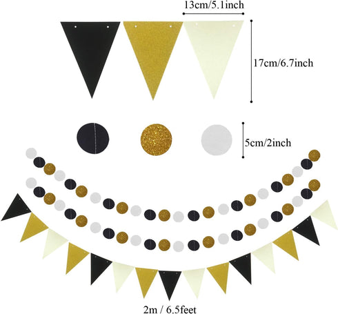 ZERODECO Party Decoration, 21 Pcs Black and Gold Hanging Paper Fans, Pom Poms Flowers, Garlands String Polka Dot and Triangle Bunting Flags for Bi...