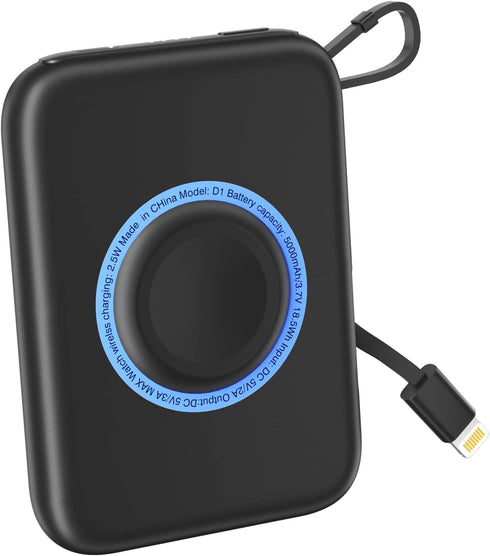 Portable Wireless Charger for Apple Watch 9/8/Ultra//4/37/6/5/2/SE, 5000mAh Magnetic iWatch Charger Power Bank with Built in Cable - Travel for Al...