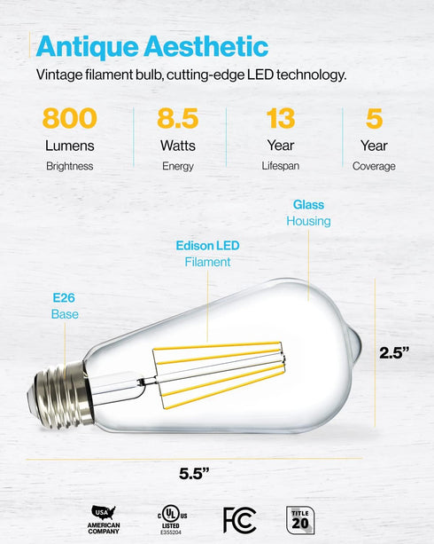Sunco Lighting 4 Pack 60W Vintage LED Edison Bulbs Equivalent 8.5W CRI92 800 Lumens, Dimmable ST64 Filament 3000K Warm White E26 Medium Base Light...