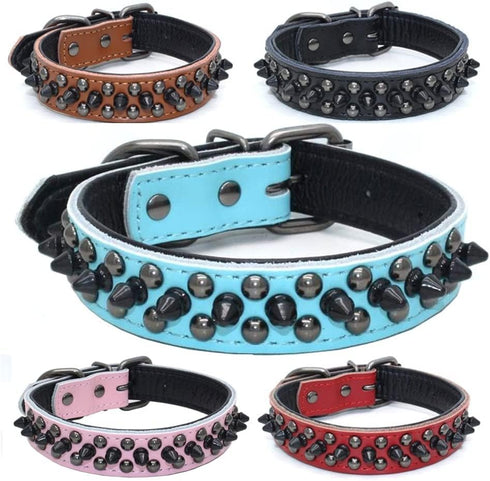 Spiked Studded Dog Collar, Genuine Leather Dog Collar, Adjustable Pet Collars for Small or Medium Pet (L, Pink)...