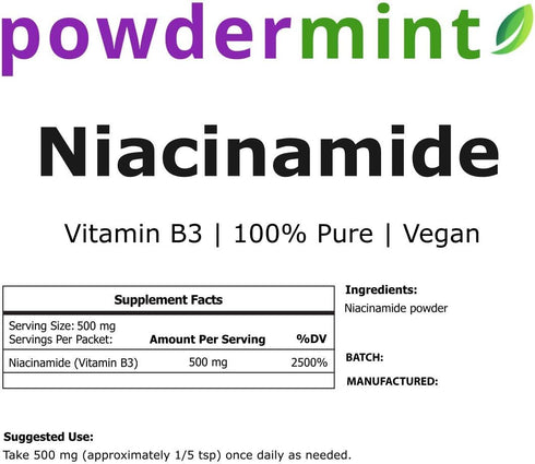 Niacinamide Powder (Vitamin B3) 100% Pure Niacin Powder 500 mg Flush-Free Supplement (100 Grams)...