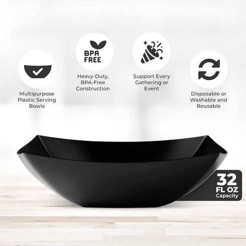 Posh Setting Square Plastic Serving Bowls, Medium Black Plastic Bowls for Salad, Disposable Serving Bowls for Party, Snack, Buffet, Chips, or Sala...