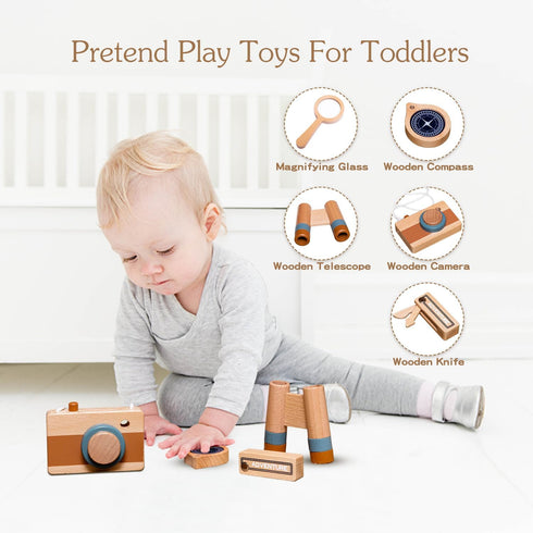 Wooden Outdoor Adventure Toys,Kids Explorer Kit With Wooden Telescope,Camera,Wooden Knife,Compass,Magnifying Glass 5-Piece Outdoor Toy Set,Camping...