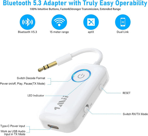 1Mii Bluetooth 5.3 Transmitter Receiver for Airplane/TV to 2 Headphones/AirPods, Dual Links Wireless Audio Adapter w/aptx Low Latency/HD/AptX Adap...