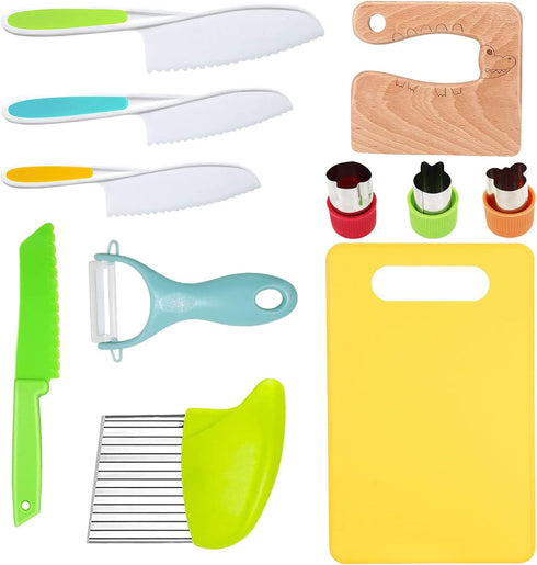 11 Pieces Wooden Kids Kitchen Knife, Kids Knife Set Include Wood Kids Knife, Serrated Edges Plastic Toddler Knife, Crinkle Cutter, Sandwich Cutter...