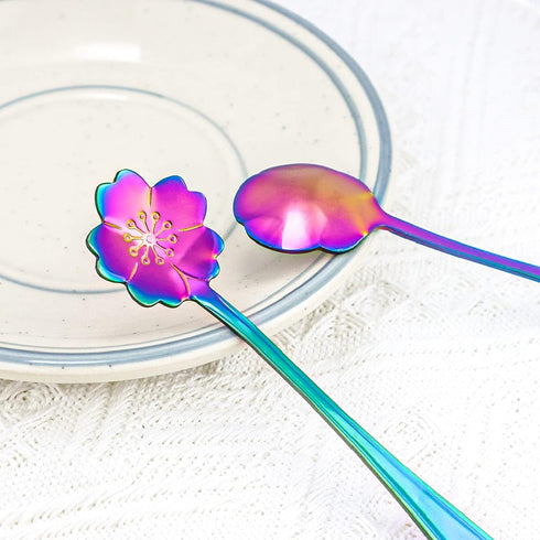 8 Pieces Rainbow Flower Spoon Coffee Teaspoon Set, LEEFONE Stainless Steel Reusable Tea Spoon Sugar Spoon Ice Tea Spoon Stirring Spoon Dessert Cak...