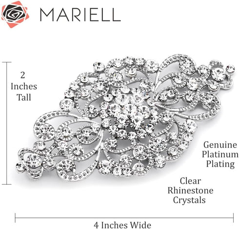 Mariell Vintage Bridal Crystal Brooch Pin, 4" Wide, Antique Silver Wedding Pin, Rhinestone Brooch for Brides and Wedding, Art Deco Fashion Accesso...