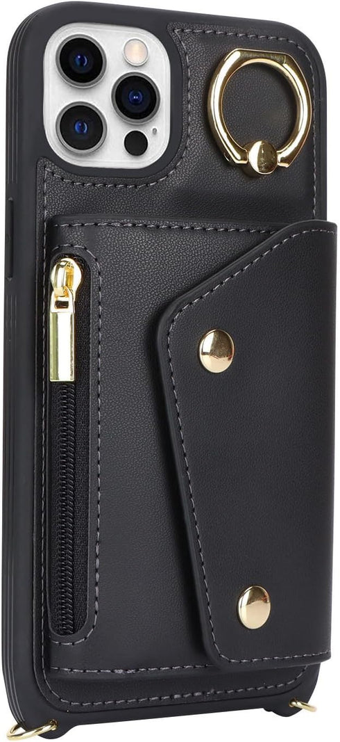 for iPhone 12/12 Pro Case with Card Holder and Strap - Zipper Pocket,Crossbody Lanyard Strap,Credit Card Holder,Stand Ring,Cute Phone Wallet Case ...