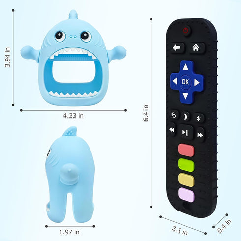 Kpblis 2 Pcs Baby Teething Toy for Babies 0-6 Month, Never Drop Shark Teether Toys for Babies 6 to 12 Months, Baby Remote Control Teether Toys, In...