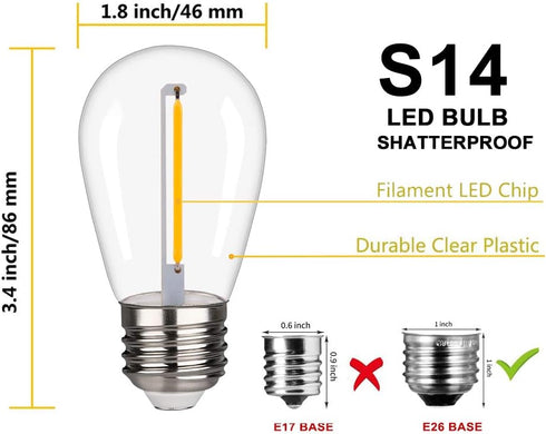 25 Pack Shatterproof & Waterproof S14 Replacement LED Light Bulbs 1W Equivalent to 10W, White Warm 2200K, Outdoor String Lights, Vintage LED Bulb,...