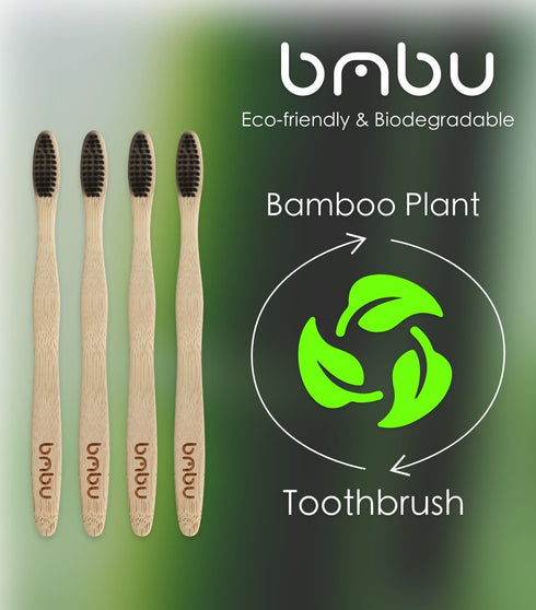 bmbu Bamboo Toothbrush 4 Pack - Medium/Soft Charcoal Bristles Tooth Brushes Wooden Handle - BPA Free, Eco Friendly, Vegan Product Gift Idea, Susta...