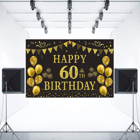 Trgowaul 60th Birthday Backdrop Gold and Black 5.9 X 3.6 Fts Happy Birthday Party Decorations Banner for Women Men Photography Supplies Background...