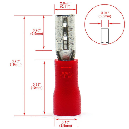 Baomain 0.11" Red Female Insulated Spade Wire Connector Electrical Crimp Terminal 18-22 AWG 2.8 x 0.5mm (200PCS)...