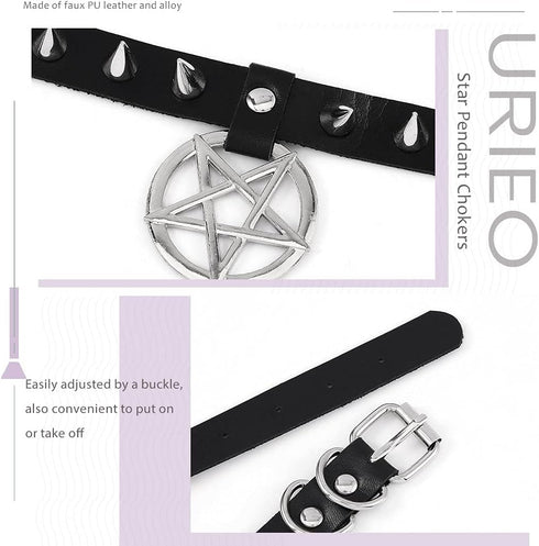 Urieo Gothic Chokers Leather Black Choker Necklace with Star Pendant Cool Rivet Spike Studed Collar Adjustable Party Bar for Women...