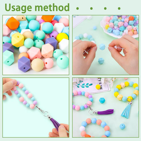 121 PCS Silicone Beads for Keychain Making Kit,12mm 15mm Round 14mm Polygonal Rubber Beads Candy Color Bulk Silicone Loose Beads for DIY Necklace ...