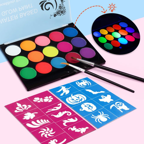 Skymore Glow in The Dark UV Body Paint 15pcs Face Paints for Kids & UV Neon Glow Face Painting Kits with 2 Brushes&Stencils for Halloween and Part...