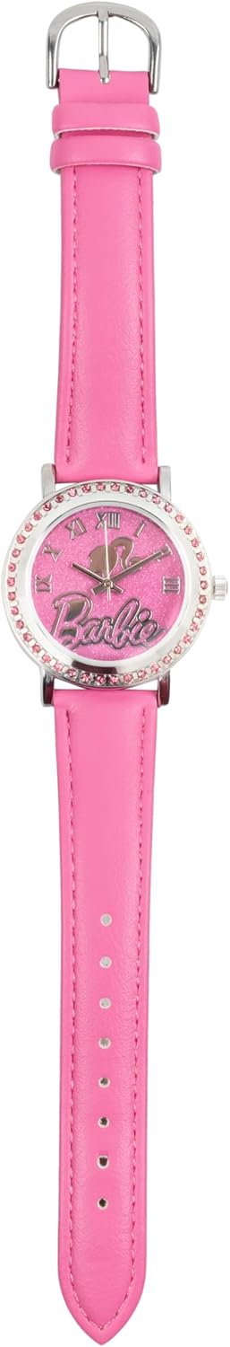 Accutime Barbie Women's Pink Glitter Analog Watch with Faux Leather Strap - Elegant Timepiece Inspired by Barbie The Movie, Silhouette Dial - BAR5...