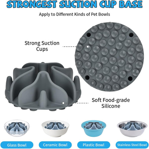 Slow Feeder Dog Bowls Insert, Silicone Dog Slow Feeder Bowl with Strong Suction Cups Perfect For Stainless Steel Glass Ceramic Dog Bowls (Grey, Me...