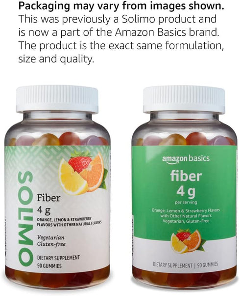 Amazon Basics (previously Solimo) Fiber 4g Gummy - Digestive Health, Supports Regularity, Orange, Lemon & Strawberry, 90 Gummies (2 per Serving)...