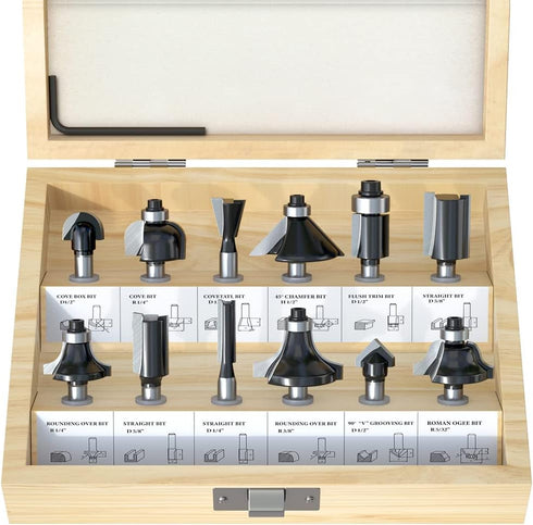 Fivepears 12 Pieces Tungsten Carbide Router Bit Set 1/4 Inch Shank for Beginners Woodworking, Include Straight, Dovetail, Chamfer, Cove, Flush Tri...