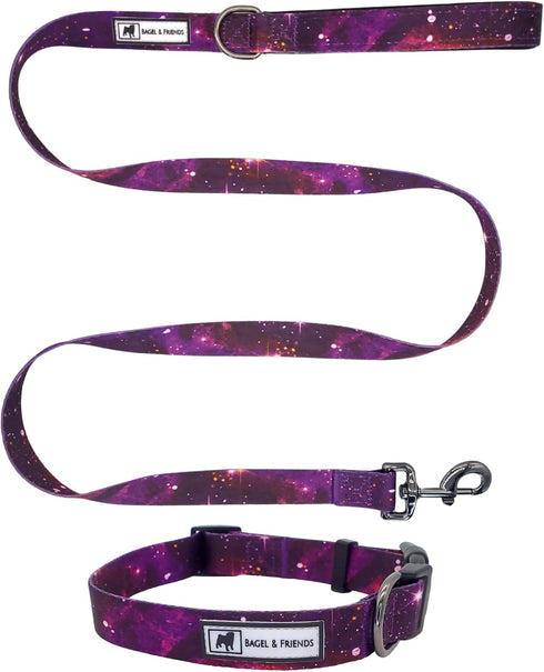 Bagel & Friends Matching Dog Collar & Leash Set XSmall, Small, Medium, Large for boy, Male, Female, Girl Dogs and Puppy (Large, Purple Galaxy)...