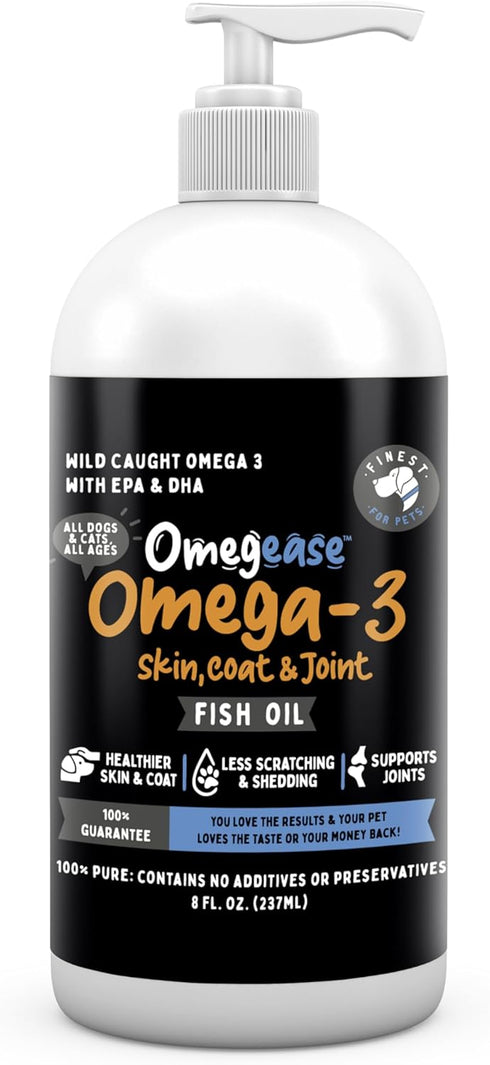 Omegease 100% Pure Omega 3 Fish Oil for Dogs & Cats 8 oz - Skin & Coat Supplement, Less Scratching & Shedding, Supports Joint Function, Immune, Br...
