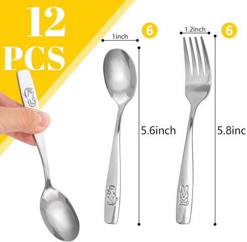 12PCS Safe Forks and Spoons for Kids, Toddler Silverware Kids Utensils Baby Spoons Stainless Steel Tableware with Bunny and Puppy Motifs...