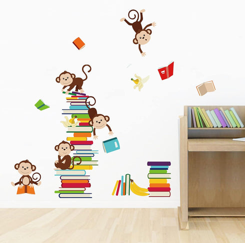 decalmile Monkey Wall Decals Animals Reading Books Wall Stickers Baby Nursery Kids Bedroom Classroom Wall Decor...