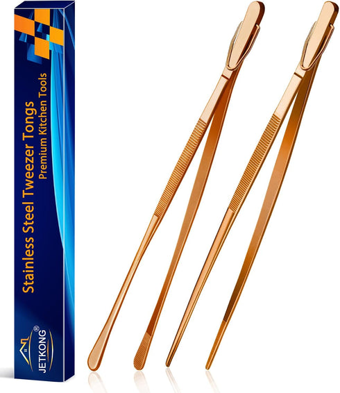JETKONG 2 Pcs 12-Inch Kitchen Tweezers Cooking Tweezer Tongs Stainless Steel Long Food Tweezers (Rose Gold)...