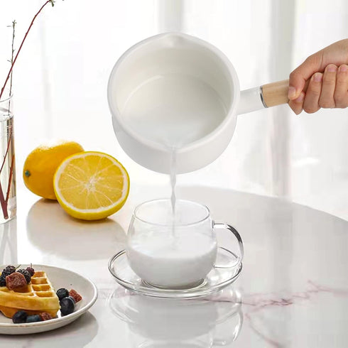 Jucoan 1 Quart Enamel Milk Pan with Dual Pour Spout, Small Enamel on Steel Saucepan Milk Pot Butter Warmer with Wooden Handle, Stove Top Soup Pot ...
