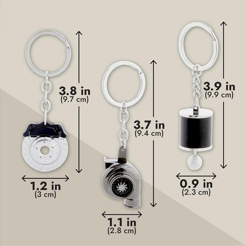Zodaca 6 Pack Auto Car Parts Keychain Set with Turbo, Manual Gearbox, Tire Rim, Spring Shock Absorber, Brake Rotor (Metal)...