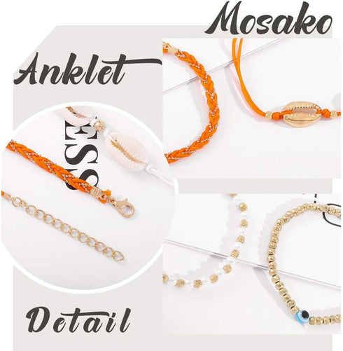 Boho Layered Anklets Shell Ankle Bracelets Gold Beaded Ankle Chain Evil Eyes Braided Rope Handmade Foot Chains Beach Foot Jewelry Sand designed el...