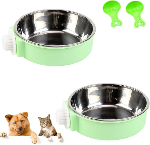 2 Pack Green Crate Dog Bowl, Stainless Steel & Plastic Bowl, Hanging Food & Water Feeder, 5 inch Diameter, 150g Capacity...