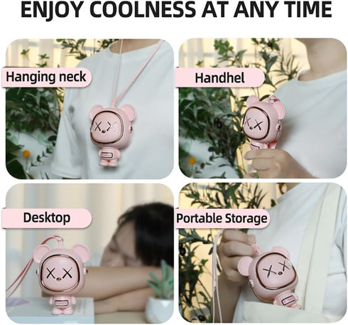 Bear Fan, Handheld Fan, Portable Neck Fan, Cute Desk Fan, Rechargeable, 3 Speed Wind, Bladeless Design, Exquisite Appearance, Pink...