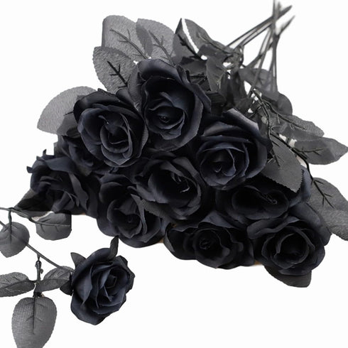 TUZAZO 10pcs Black Roses Artificial Flowers with Stems, Faux Silk Flowers Bridal Gothic Wedding Bouquet, Realistic Blossom Flora for Home, Office,...