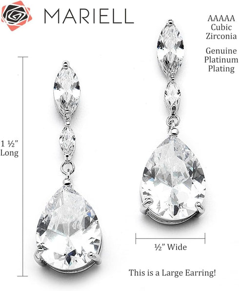 Mariell Cubic Zirconia Crystal Teardrop Dramatic Size Dangle Bridal Earring with Platinum Plating for Wedding, Bridesmaid, Prom Jewelry Gift...