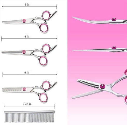 Pet Dog Grooming Scissors Set 4 Pcs Stainless Steel Professional Pet Trimmer Kit-6 inch Straight Cutting Scissors, Thinning Shears, Curved Scissor...