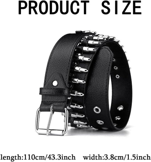 Bullet Studded Belt, Punk Rivet Belt Black Leather Rock Belt with Silver Bullet for Women Men...