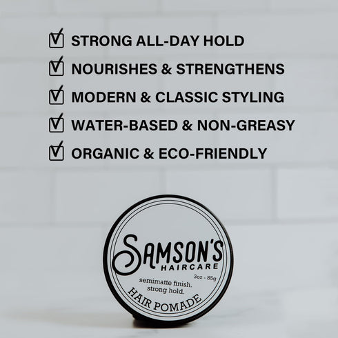 SAMSON'S HAIRCARE Pomade, All Day Hold for Classic Styles, Water-based,non-soluble, Natural Ingredients, Classic barbershop scent, Natural Shine, ...