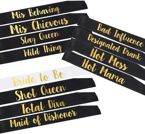 OULANAO YZDING 12 Pcs Bride To Be Sash Bachelorette Party Decorations- Unique Bride And Bridesmaid Sashes For Bachelorette party (Black, Gold lett...