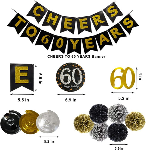 60th Birthday Party Decorations For Men Cheers to 60 Years Black ?nd Gold 60th Birthday Banner 60 Birthday Balloons Decoration For Him...