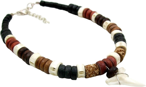 Genuine Mako Shark Tooth Anklet, Handcrafted Wooden Beads Anklet for Women Men Surfer Jewelry DA314-K...
