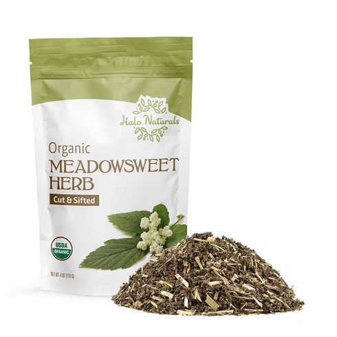 Halo Naturals Organic Meadowsweet Herb Cut & Sifted, 4 Ounces (Filipendula ulmaria) USDA Certified | Resealable Pouch| Packaged in The USA (Pack o...
