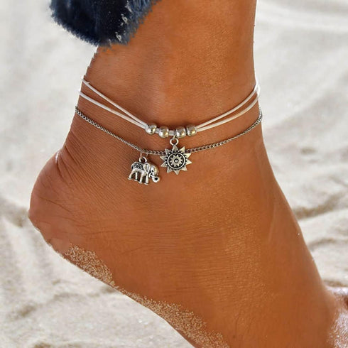 Silver Elephant Anklets Bracelet Fashion Sun Anklet Rope Anklets Adjustable Foot Chain Summer Beach Anklet Jewelry for Women...