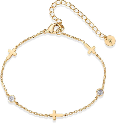 PAVOI 14K Gold Plated Sideways Cross Bracelet for Women | Religious Cubic Zirconia Station Bracelet | Confirmation Gift...