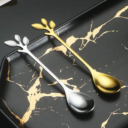 10Pcs Leaf Gold Coffee Spoons and Forks Set, 4.72inch Mini Espresso Tea Stir Spoon for Coffee Bar Charcuterie Board, Stainless Steel Small Dessert...