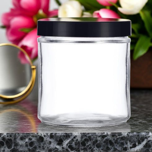 16 oz Large Clear Thick Glass Jar with Black Foam Lined Lid (4 pack)...