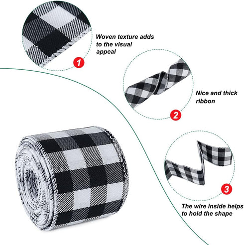 19.6 Yard 2.5 inch Wide Buffalo Plaid Ribbons Wired Edges, 2 Rolls Black and White Checkered Ribbon for Christmas Tree Gift Decorations...